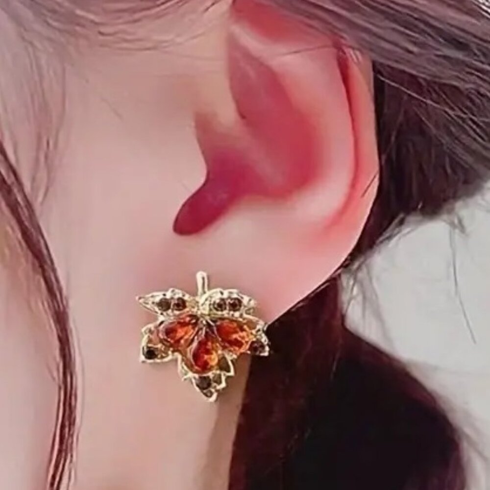 AUTUMN RED SYNTHETIC CRYSTAL MAPLE LEAF STUD EARRINGS